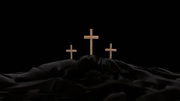 Croce Pasqua Croci Sulla Collina Nella Notte Sfondo Nero Cristiani — Foto Stock