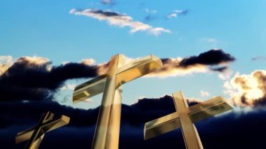 Haç, altın bulutları aşıyor. Zaman geçiyor. Video, Hristiyanların Paskalya arkaplanı. 