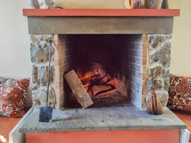 Şömine ateşi orman pencereleri geleneksel dekorasyon canlı renkler