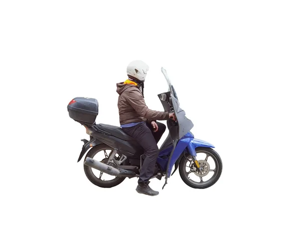 Moto Sur Route Cavalier Isolé Avec Casque Sur Tête Pour — Photo