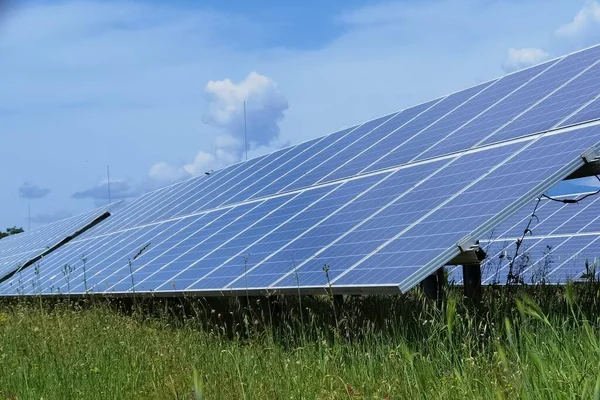 Solar Panels Electricity Photovoltaic Park Sky Clouds Spring Season Lawn — Stok fotoğraf