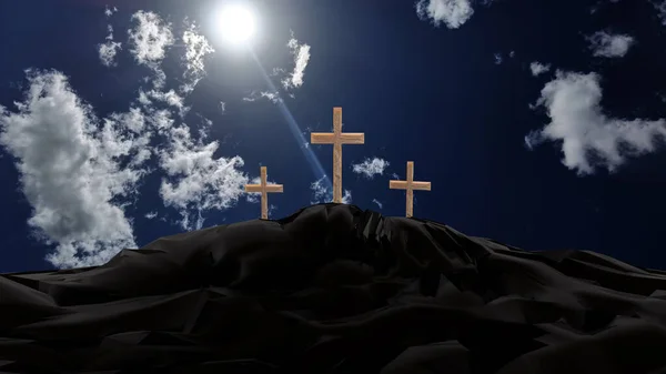Cruz Cruces Pascua Colina Noche Fondo Negro Cristianos Cristo Elevación — Foto de Stock