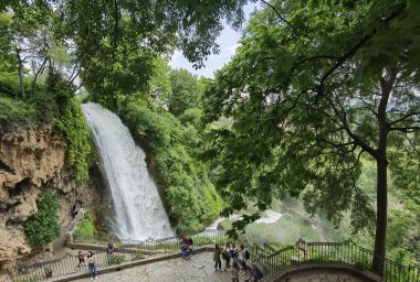 Yunan yeşil platanus ağaçları arasında bahar mevsiminde ödessa şelaleleri