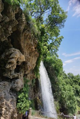 Yunan yeşil platanus ağaçları arasında bahar mevsiminde ödessa şelaleleri