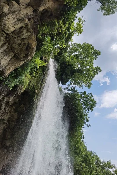 Yunan yeşil platanus ağaçları arasında bahar mevsiminde ödessa şelaleleri