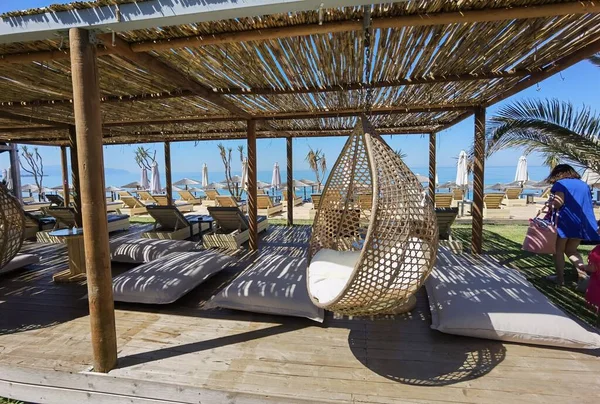 Sea Beach Bar Umbrellas Chairs Sand Preveza Monolithi Beach Greece — Stock Photo, Image