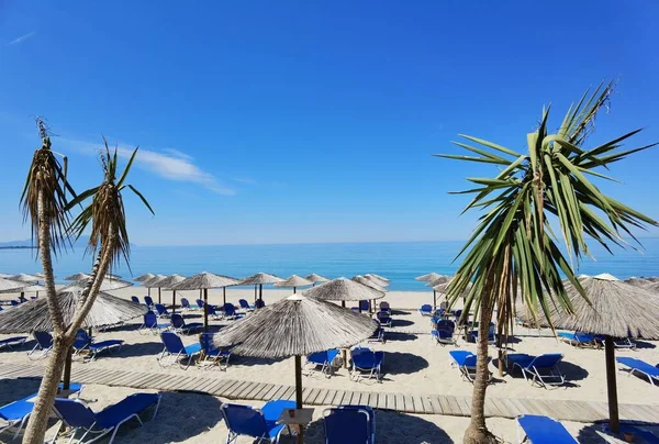 Meer Strandbar Sonnenschirme Und Liegestühle Sand Preveza Monolithi Strand Griechenland — Stockfoto