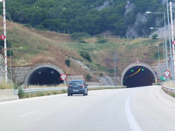 Tunnel Egnatia Highway Greece Dark Lights Traffic Signals Road Driving — Stock Photo, Image