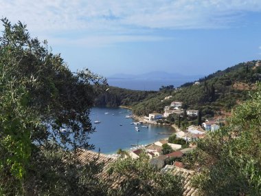 Korfu adası, Agios Stefanos köyü avliotes mükemmelliği, deniz zeytinleri yaz turistik beldesi Yunanistan 'da 