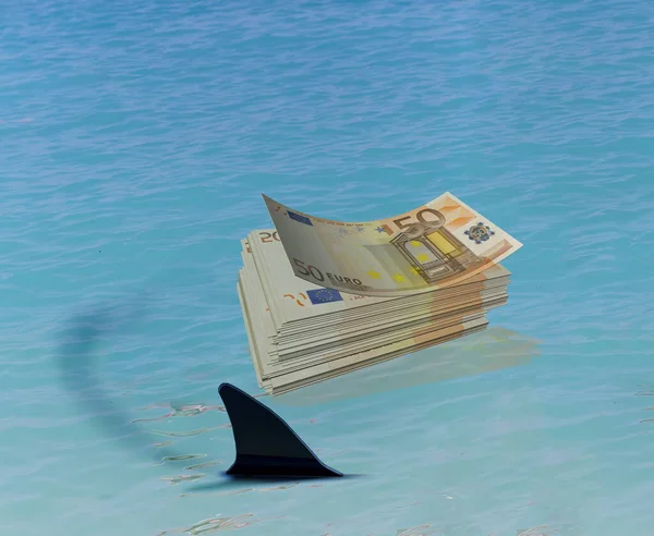 money market euro risk  danger insurance in summer holidays by the sea, shark fin and a woman lying on the sea - 3d rendering