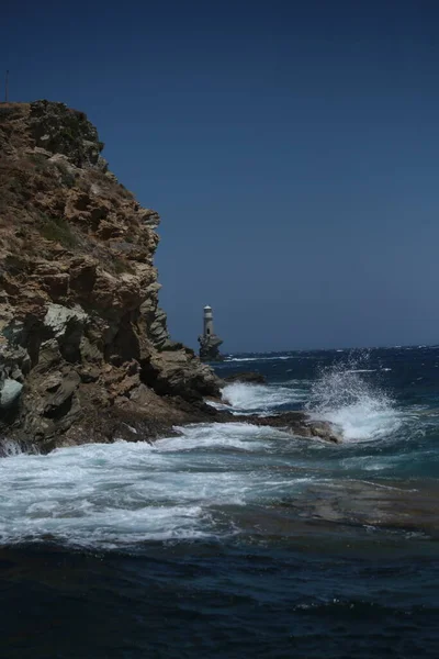 Lighthouse Andros Island Greece Day Light Sea Waves Windy Day — Stok fotoğraf