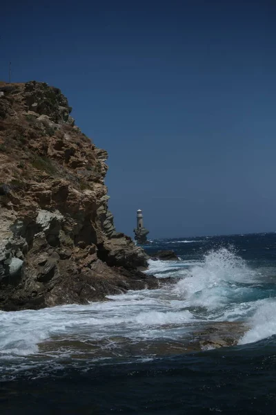 Lighthouse Andros Island Greece Day Light Sea Waves Windy Day — Stockfoto