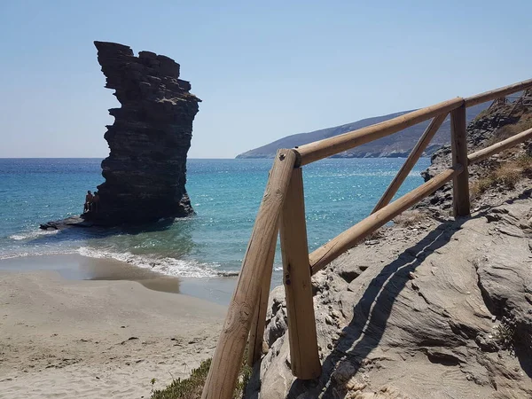 Greece Andros Island Beach Called Tis Grias Pidima Rock High — стоковое фото
