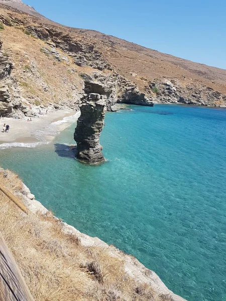 Greece Andros Island Beach Called Tis Grias Pidima Rock High — Zdjęcie stockowe