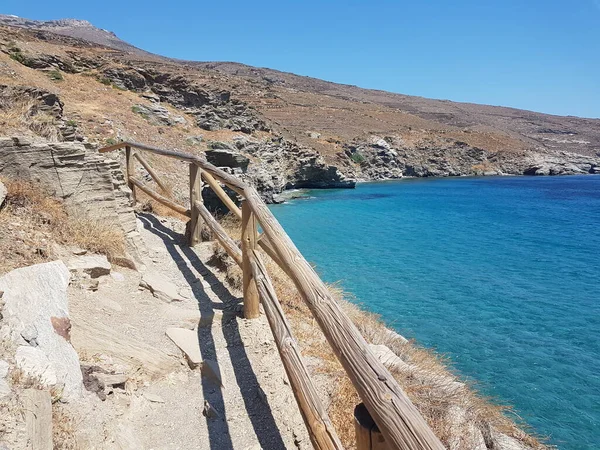 Greece Andros Island Beach Called Tis Grias Pidima Rock High — Zdjęcie stockowe