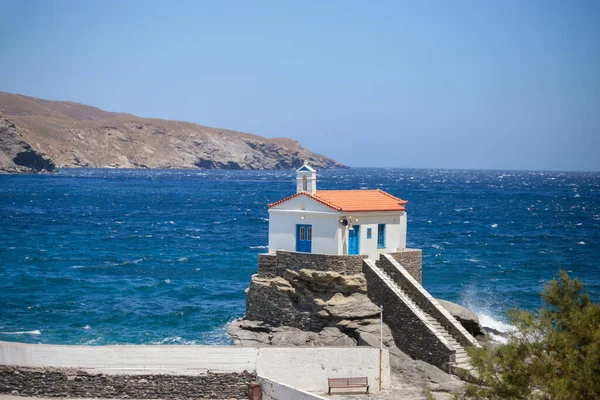 Andros Island Greece Panagia Thalassini Church Wavy Sea Windy Sunny — Stockfoto