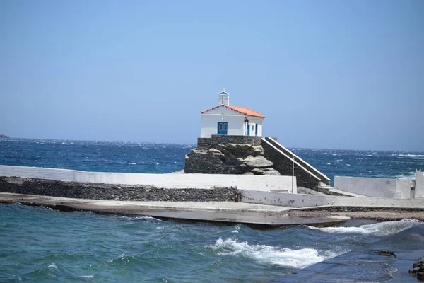 Andros Island Greece Panagia Thalassini Church Wavy Sea Windy Sunny — Fotografia de Stock