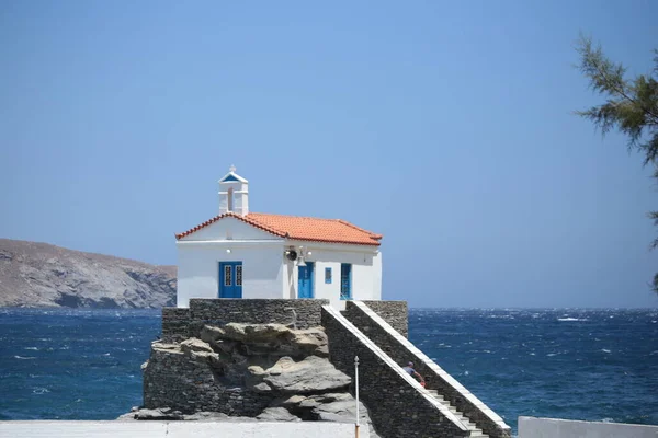 Andros Island Greece Panagia Thalassini Church Wavy Sea Windy Sunny — Stock fotografie