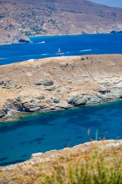 andros island capital called andros houses lighthouse sea greece agean sea