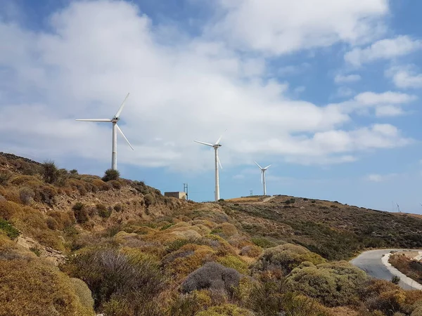 Wind Energy Park Wind Generators Blue Sky Clouds Andros Island — ストック写真