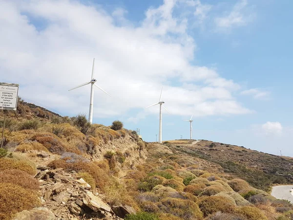 Wind Energy Park Wind Generators Blue Sky Clouds Andros Island — Stockfoto