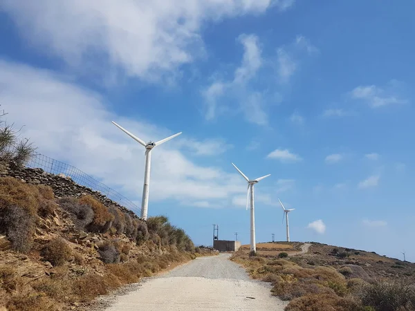 Wind Energy Park Wind Generators Blue Sky Clouds Andros Island — Foto de Stock