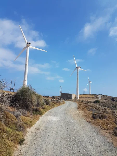 Wind Energy Park Wind Generators Blue Sky Clouds Andros Island — Zdjęcie stockowe