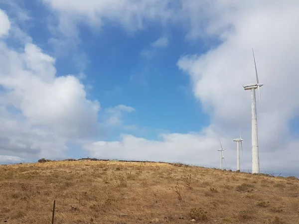 Wind Energy Park Wind Generators Blue Sky Clouds Andros Island – stockfoto