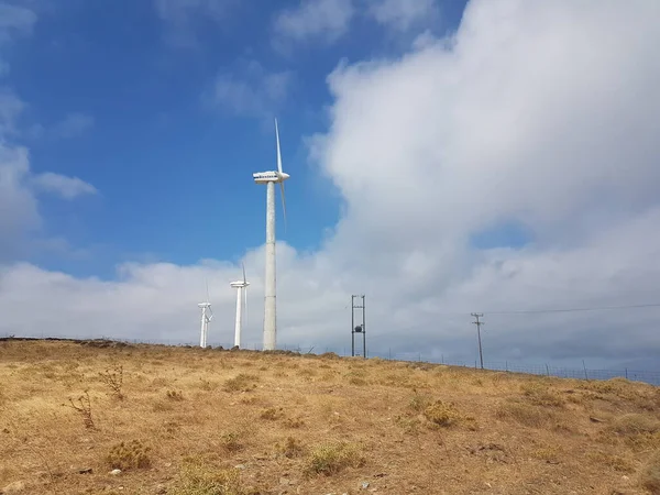Wind Energy Park Wind Generators Blue Sky Clouds Andros Island — Stok Foto