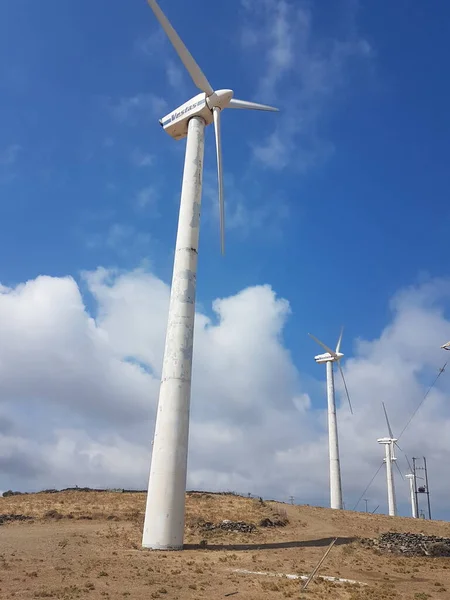 Wind Energy Park Wind Generators Blue Sky Clouds Andros Island — Zdjęcie stockowe