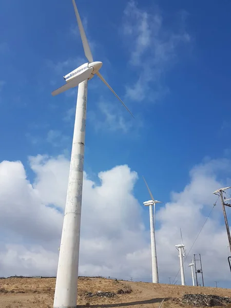 Wind Energy Park Wind Generators Blue Sky Clouds Andros Island — Stockfoto