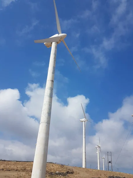 Wind Energy Park Wind Generators Blue Sky Clouds Andros Island — Fotografia de Stock