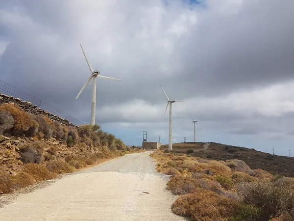 Wind Energy Park Wind Generators Blue Sky Clouds Andros Island — Stockfoto