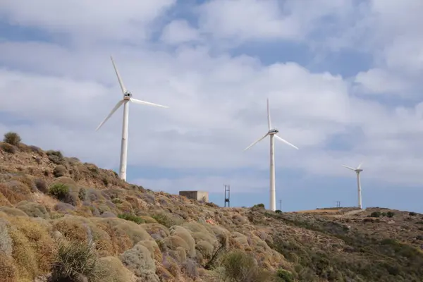 Wind Energy Park Wind Generators Blue Sky Clouds Andros Island — Stockfoto