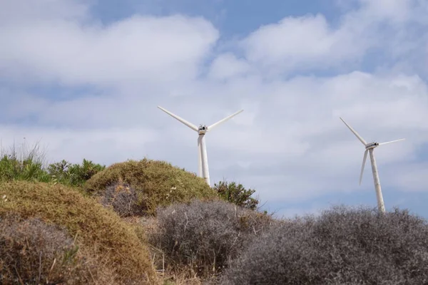Wind Energy Park Wind Generators Blue Sky Clouds Andros Island — Zdjęcie stockowe