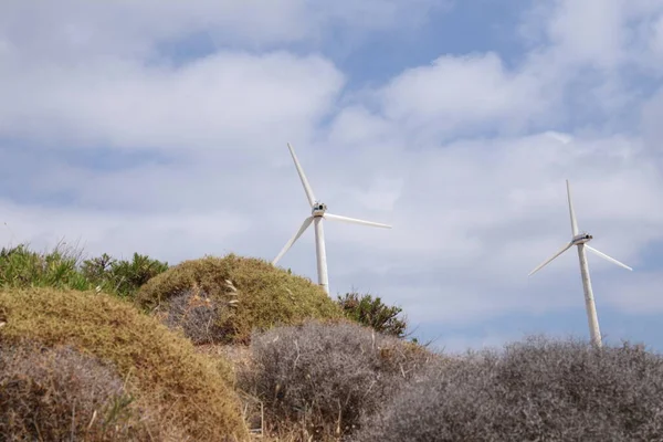 Wind Energy Park Wind Generators Blue Sky Clouds Andros Island — Foto de Stock