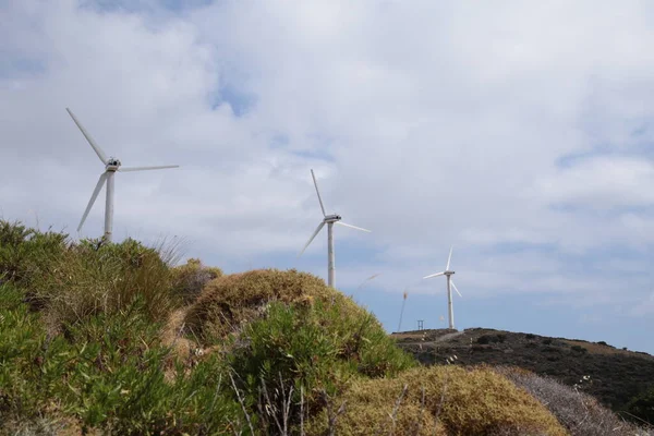 Wind Energy Park Wind Generators Blue Sky Clouds Andros Island — Foto de Stock