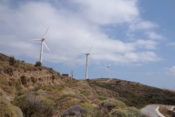 Wind Energy Park Wind Generators Blue Sky Clouds Andros Island — Foto de Stock