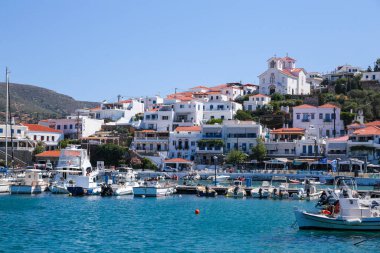 mpatsi or batsi city in andros island greece, greek tourist resort in aegean sea