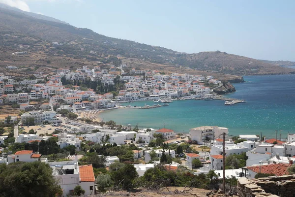 mpatsi or batsi city in andros island greece, greek tourist resort in aegean sea
