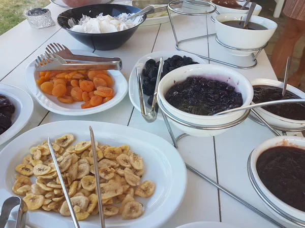 Breakfast Dry Fruits Yogurt Bread Greek Hotel Summer Morning — Fotografia de Stock