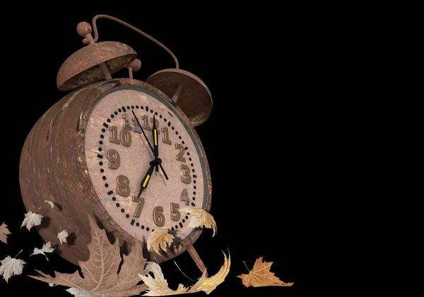 Clock Rusty Old Analog Autumn Leaves End Isolated End Memory — Foto Stock
