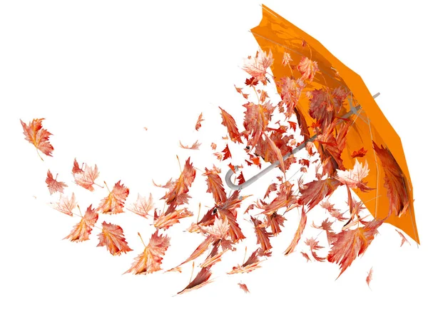 Autumn Umbrella Falling Dry Yellow Leaves Seasonal Background Rendering — Stockfoto