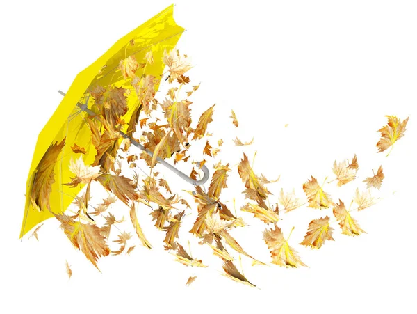 Autumn Umbrella Falling Dry Yellow Leaves Seasonal Background Rendering — Stockfoto