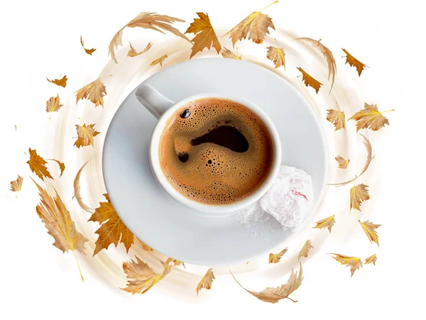coffee cafe and autumn leaves round tornado  hurricane flying  falling isolated for background and spce for your text  message - 3d rendering