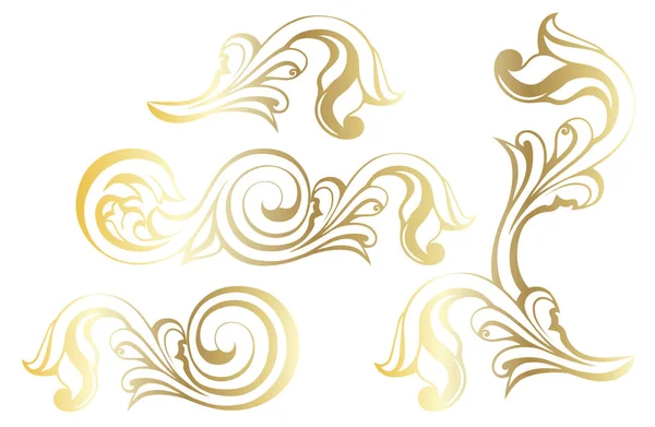ベクトルダマスクヴィンテージバロックスクロール装飾旋回。ヴィクトリア朝のモノグラム紋章シールドが渦巻く。レトロな花の葉のパターンの境界線は、アンティークアカンサスの書道の入れ墨を刻ま葉。タイル装飾要素 — ストックベクタ