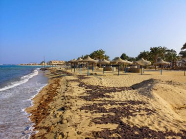 Güneşli sahil, deniz manzarası, mavi deniz ve gökyüzü kumlu sahilde güneş şemsiyeleri. Tatil konsepti. Yüksek kalite fotoğraf