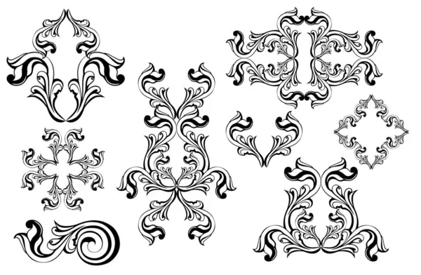 Vector damask vintage baroque scroll ornament swirl. Victorian monogram heraldic shield swirl.Retro floral leaf pattern border foliage antique acanthus calligraphy engraved tattoo. Tile decor element — Stock Vector