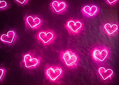 Sevgililer Günü geçmişi. Neon pembe kalp beyaz kürkte.