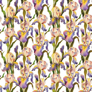 Iris 'in el boyaması parlak suluboya çiçekleri. Kusursuz desen. Dekorasyon ve tasarım için fikir. Yüksek kalite fotoğraf